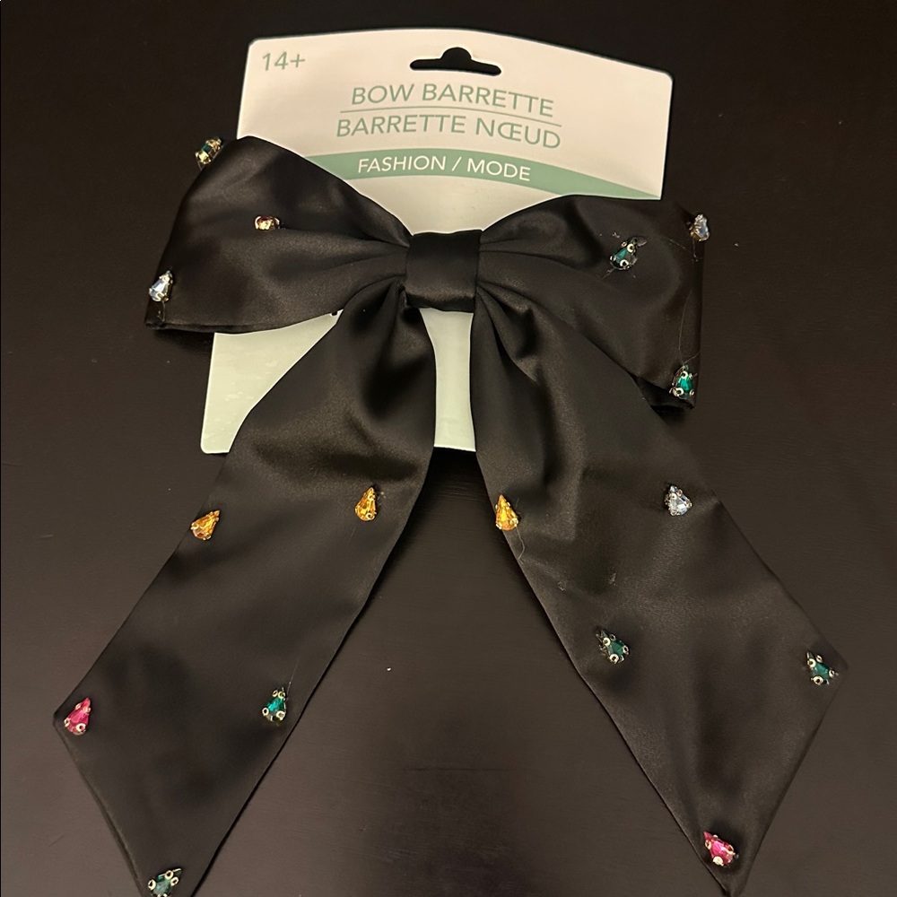Bow Barrette Hair Clip - black Bow with Multicolor Gems
